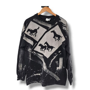 Vintage Unisex Western Horses Cowboy Equestrian Aztec Paint Brush‎ T-Shirt Large